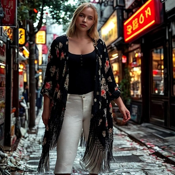 Torrid Kimono Black Floral Fringe Open Front - Picture 3 of 8